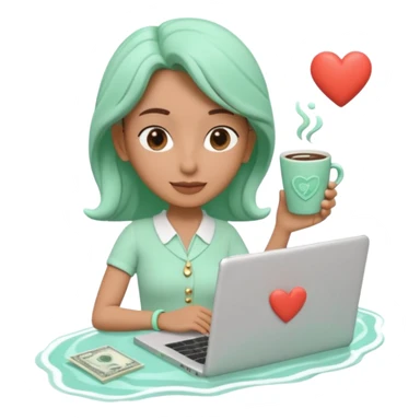 3D clay character relaxed with laptop and coffee, floating icons (envelope, heart, dollar), mint green (#34D399) outfit, coral (#FF7F6B) floating icons, white laptop, Pixar style, transparent background sticker
