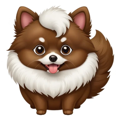 A dark brown Pomeranian with pointed ears and a tongue sticking out. It has white fur only under its lips and on its belly. The ears are pointed. The tail is curled like a snail. sticker