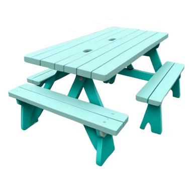 rectangular picnic table with benches, white tips on table and bench ends, straight vertical legs, soft teal color, small wheels, flat wood-style silhouette, clean geometry, minimal shading sticker