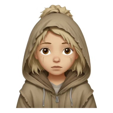 Young beggar little girl character, chest-up portrait, wearing worn and oversized clothes, hair is visible, no hat or such, neutral earth-tone fabric, slightly messy hair peeking from under a hood, tired but gentle eyes, subtle dirt marks on face, sticker