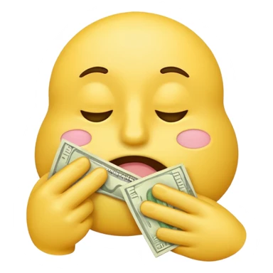 yellow emoji character wiping its nose with a stack of money, expressive face, classic emoji style sticker