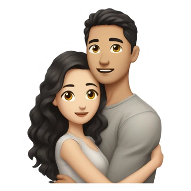 A half pale Asian man with short dark hair and amber eyes embracing and loving a half Asian woman with long wavy dark hair and dark hazel eyes. They love each other a lot And have good fashion taste and are hugging each other tight  sticker