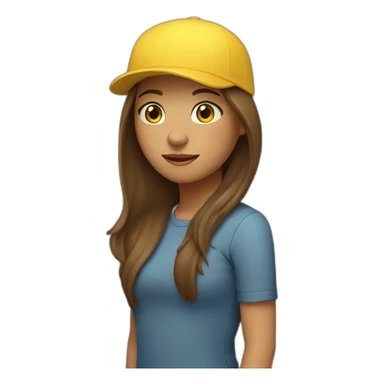 a girl with long brown hair, with a bandaid in her nose and a yellow backward cap sticker