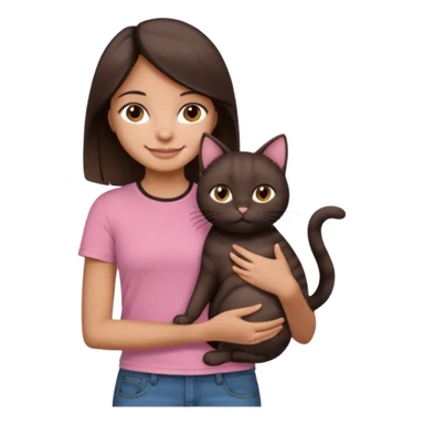 As una chica con piel marron claro con el pelo  medio largo color marron oscuro que tenga la chica una camiseta rosada mangas cortas con un jean claro que tenga ojos marrones la chica que la chica este sonriendo mientras sostiene entre sus brazos 1 gato negro gordito. sticker