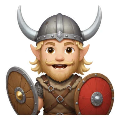 A young Viking warrior with messy hair painted cheeks, wooden shield, and fierce excited grin with horned helmet sticker