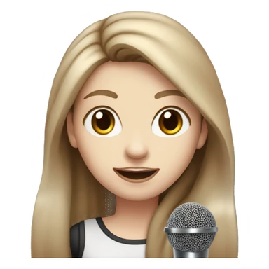 a girl with brown long layered middle parted hair, hazel eyes, pale skin, dark lips, singing into a microphone sticker