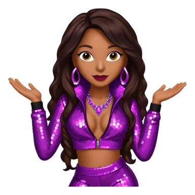 Mya, R&B Singer with dark brown long hair, meganta sequin outfit sticker