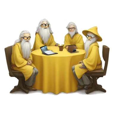 group of gandalfs, round yellow table, yellow clothes, glasses, macbooks sticker