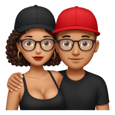 A picture of an embracing tanned couple. the man is a Mexican man with tanned skin, with a bald hair cut wearing a red SnapBack hat and wearing a black shirt. the woman is mixed, with glasses,  with long curly dark brown hair and with big boobs.  sticker
