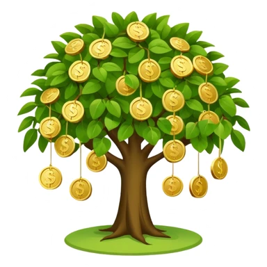 Apple-style money tree (not so mush coins), round soft green canopy.
No pot, no ground — only the tree.
Small gold coins as fruits inside the leaves (not below).
Flat 2D vector, clean shapes, no gradients.
Dark near-black background, premium fintech icon. sticker