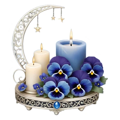 A dreamy celestial composition showcasing deep blue pansies with velvety petals, arranged around an intricately carved pearl-colored candle. The silver crescent moon in the background radiates a soft, celestial glow, illuminating swirling clouds with a hint of stardust. Floating lanterns drift gently through the night sky, casting warm, golden light. The scene is framed by delicate silver filigree patterns, giving it an elegant, almost magical feel. sticker