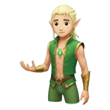 elf male legolas wading in shallow tide pool, palm emitting soft green light to heal glowing coral, practical open vest over bare chest, determined gaze, pointy ears, vibrant underwater plants, centered emoji, nature guardian summer sticker