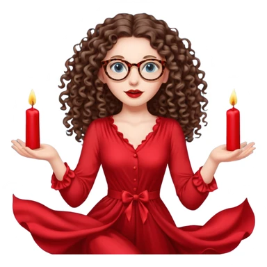 a blue eyed woman with very long brunette curly hair, full lips,and really pale skin. She is wearing a leopard printed thin round-ish glasses . She is wearing fully plain silky red dress. She is flying on the air. There are red candles in her hands. She is making a magic. sticker