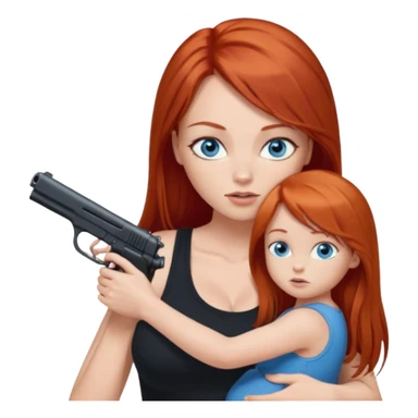 A red head with long straight hair, she has blue eyes with big boobs. She’s wearing a black tank top and holding a gun up in one hand and a baby boy with blue eyes sucking on one of her boobs in the other arm sticker