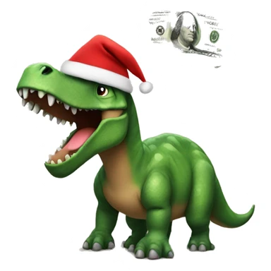 a dinosaur with money and a christmas hat sticker
