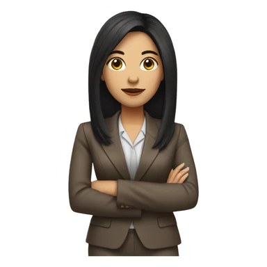 Female defense attorney with long black hair with brown suit sticker