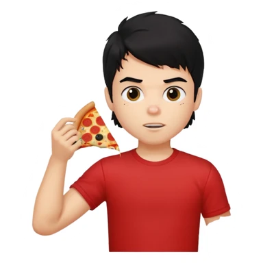 generate a pretty fair bratz boy with a messy mullet (black hair), wearing a red tshirt. eating pizza. He has big biceps sticker
