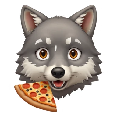 a sitting surprised grey wolf eating a piece of pizza emoji sticker
