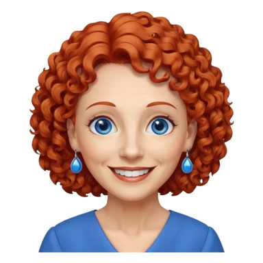 una profesora mayor simpática con el pelo rojo rizado, ojos azules, vestido azul y pendientes azules hablando altura completa sonriendo con los dientes sticker