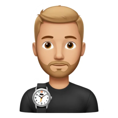 bearded man wearing a black strap watch portrait, head and shoulders only, oval face, short beard, relaxed confident look, black leather strap watch visible, 3D cartoon, mobile game icon style, clean background, no text, no watermark
 sticker