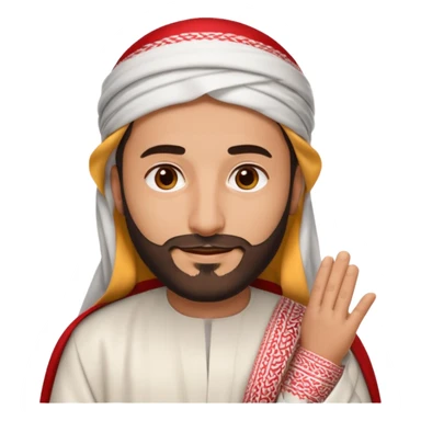 detailed iPhone-style emoji of a Saudi man, soft cartoon face, short beard, brown eyes, calm smile, in white thobe and red-and-white shemagh with black agal, both hands visible sticker