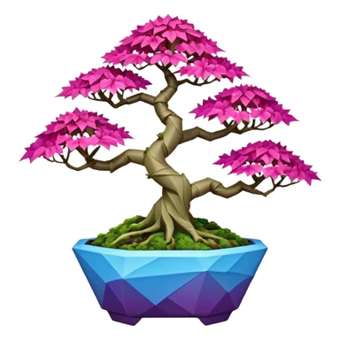 Futuristic wild alien moss maples Bonsai hair-fine-leaf group crimson crystal azalea purple and cream pink blue forest planting in shallow origami style pot  sticker