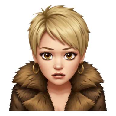 Cinematic realistic ultra HD angry, moody, glamorous, extremely made-up Hilary Duff, extremely skinny in a shaggy fur coat with a bronze glow sticker