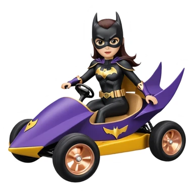 Hot full size real size-appearance electric road racing sexy BatGirl’s feminine midnight-colored tight outfit sixty’s tv show 1992 dark stealthy sporty safe plush petite off-road pursuit cruiser car rose gold accents (black hair,reclined and relaxed torso and shoulders seating position) go kart  sticker
