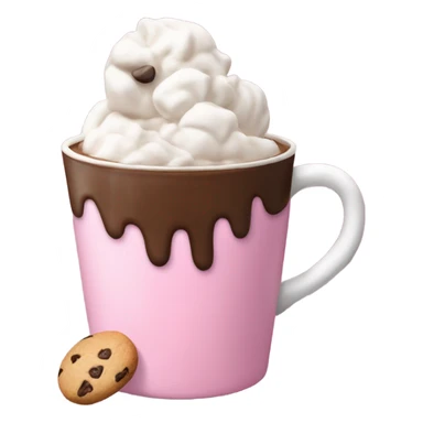 A pink cup of hot chocolate with whipped cream, marshmallows and a cookie in top sticker