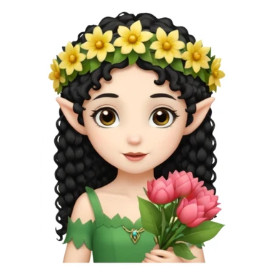 tiny Elf with Flower Crown, curley hair black, with flower bouquet sticker