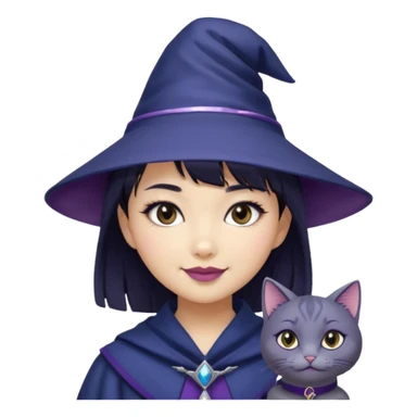 an asian short haired girl with short raven hair with bangs, with her silver left eye and dark brown right eye, with cat-eyed eyeliner, and grinning with her tiny fang of mauve toned lipstick, with dark navy wizard hat with an emblem on her hat. sticker