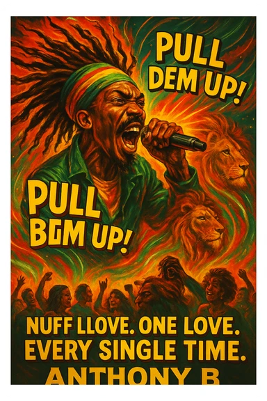 A vibrant reggae-inspired poster scene featuring Anthony B in full performance energy — dreadlocks flying, mic in hand, mid shout, pulling up the riddim. The background is a glowing fusion of red, gold, and green flames with lion imagery and subtle cosmic light trails. Around him, the words “Pull Dem Up! Big Dem Up!” explode like soundwaves. Below, a crowd of diverse viewers is shown. In bold text across the bottom: “Nuff Love. One Love. Every Single Time.” sticker