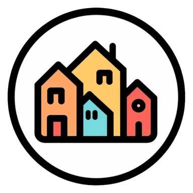 Community of houses in a circle, minimalist homelessness support logo sticker