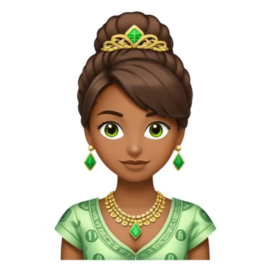 A girl whose hair and clothing is made of green money, and her eyelashes are made of dollar signs. Half her face is smiling and the other is frowning. The side that is frowning has the money hair and clothes and dollar sign eyelashes, and the side that is smiling has nice brown hair and eyelashes and fancy clothes and jewelry. sticker