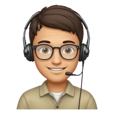 smiling young Italian man, focused, wearing glasses and small headphones, data analyst sticker