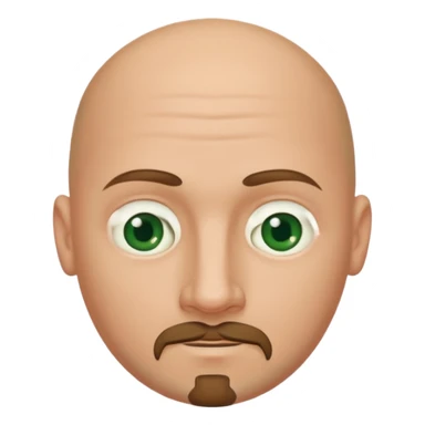white caucasian bald man's face, with brown  round goatee and dark green eyes, oval face, rounded, big, little eyes a small smile sticker