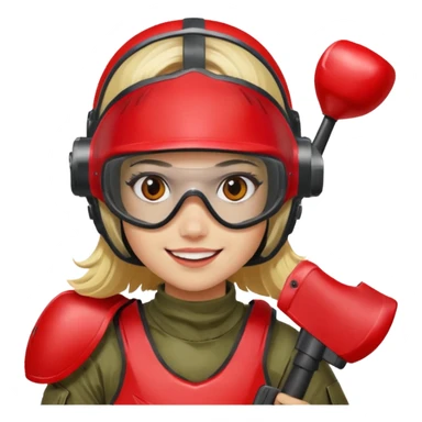 blond girl playing paintball with red paintball helmet with eye protection, only face sticker