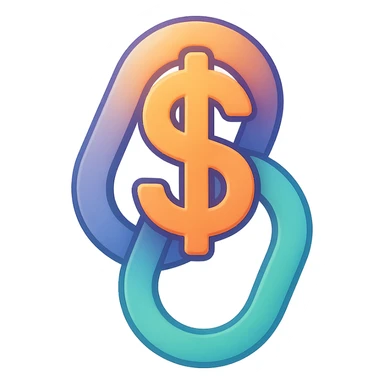 a dollar sign merged with a chain link, forming a unified symbol, in the style of Airbnb's softly shaded, semi-realistic, colorful icons, designed for clarity at small button size sticker