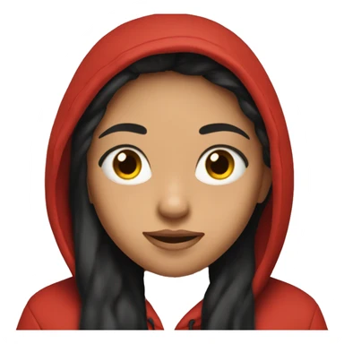 Girl with long black hair wearing a red hoodie that says YAEY sticker