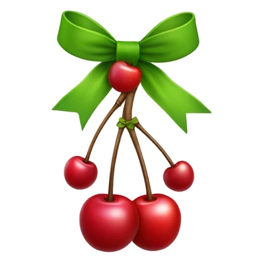 A gift bow with two short strings hanging down. From the center of the bow, two cherry stems with cherries dangle down, as if they are part of the bow sticker