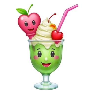 Create an emoji with a clear rounded glass, bright transparent green soda, vanilla ice cream scoop, two red cherries, pink heart-shaped straw, simple shapes, bright colors, glossy, kawaii style, centered, transparent background
 sticker