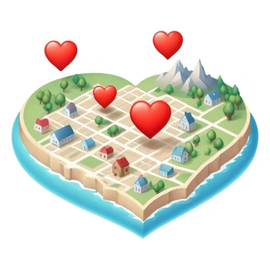 Detailed cartography map with soft ethereal coloring, containing red heart pins marking romantic locations and different symbols for other life experiences sticker