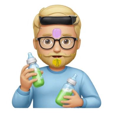 blonde bearded man with glasses with baby bottle sticker