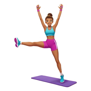 An energetic person performing an aerobics workout in a brightly lit gym, jumping and stretching with enthusiasm. The scene includes vibrant fitness equipment like dumbbells and exercise mats, with a background of cheerful, motivating colors, conveying energy and movement. sticker