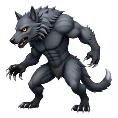 cinematic-noble-fierce-werewolf-full body on all fours-emoji, poised-and-imposing, with a tall, lean, and muscular wolfish frame inspired by the brutal, imposing shape of the beast from Berserk, fur rippling in shades of midnight black and silver, massive paws with razor-sharp claws, elongated limbs and fangs, eyes glowing with an intense, primal ferocity, reflecting the untamed power of the wild moonlit night; rendered with realism like a wolf sticker