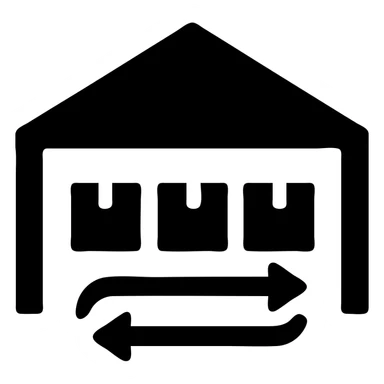 minimalistic icon for Supply Chain Experience with a warehouse and arrows, solid black filled, focusing on clarity and simplicity sticker
