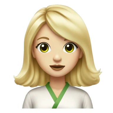 A blonde girl with slightly wavy air-touch hair and curtain bangs and green eyes eats sushi sticker