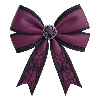 3D emoji gothic bow, deep burgundy satin, black lace overlay, and a silver spiderweb charm sticker