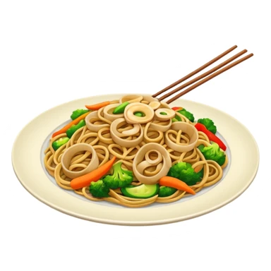 Illustrate stir-fried noodles with vegetables & soy sauce on a plate sticker