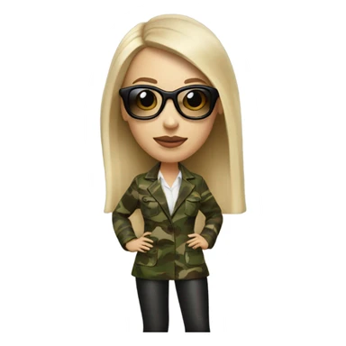 Realistic White woman with Long straight blonde hair and round sunglasses, camouflage Wool oversize blazer, mini skirt and Brown heeled leather boots  sticker